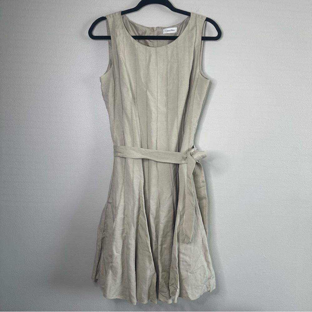 Calvin Klein Women’s Linen Blend Pleated A-Line Sleeveless Mini Dress Beige